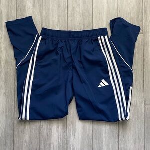Adidas womens dark blue joggers with white stripes windbreaker pants zipper